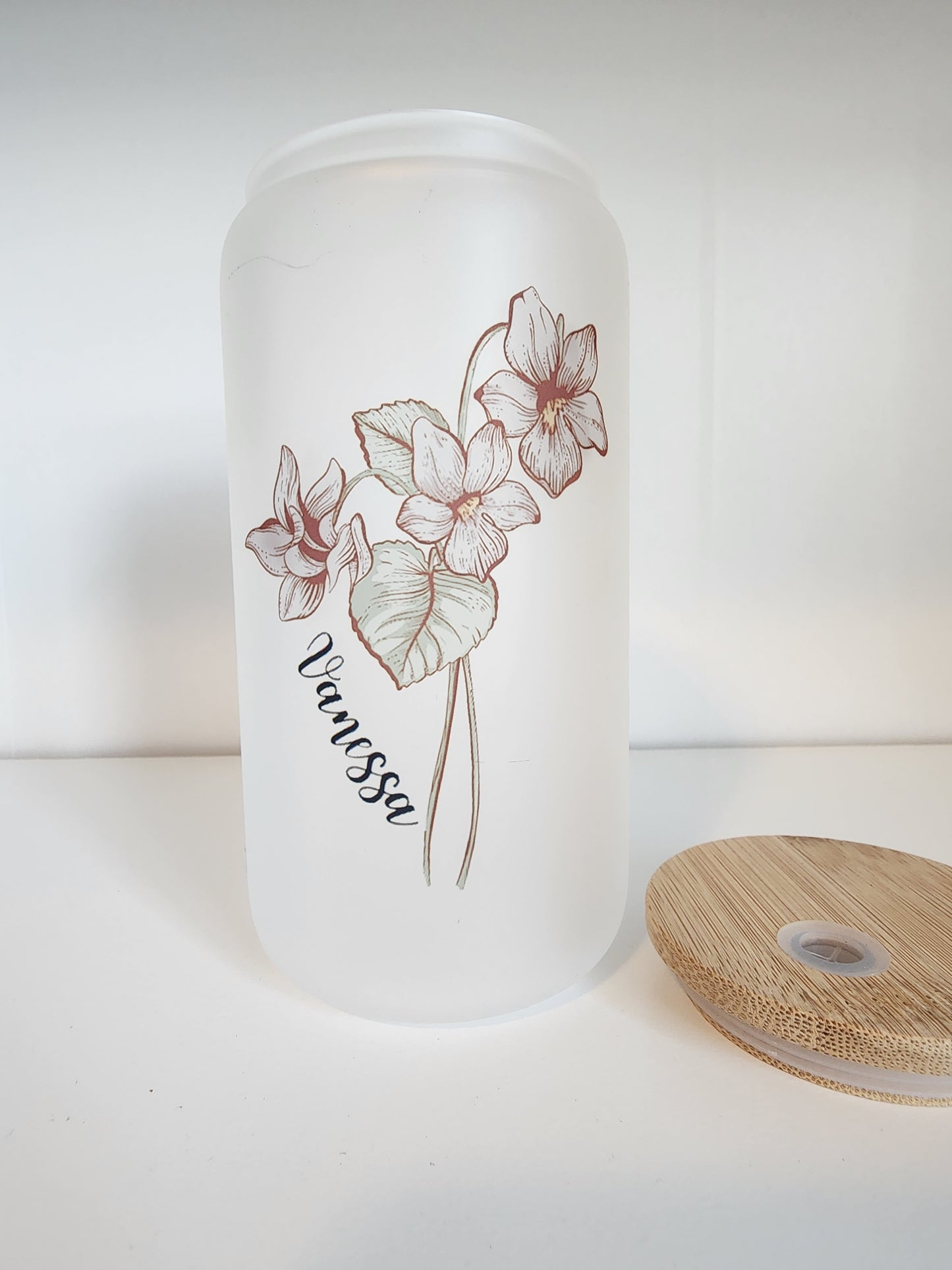 Personalized Birth Month Floral 16oz Frosted Glass | Iced Coffee Glass | Glass with Lid and Straw | Custom Bouquet | Mother Christmas Gift