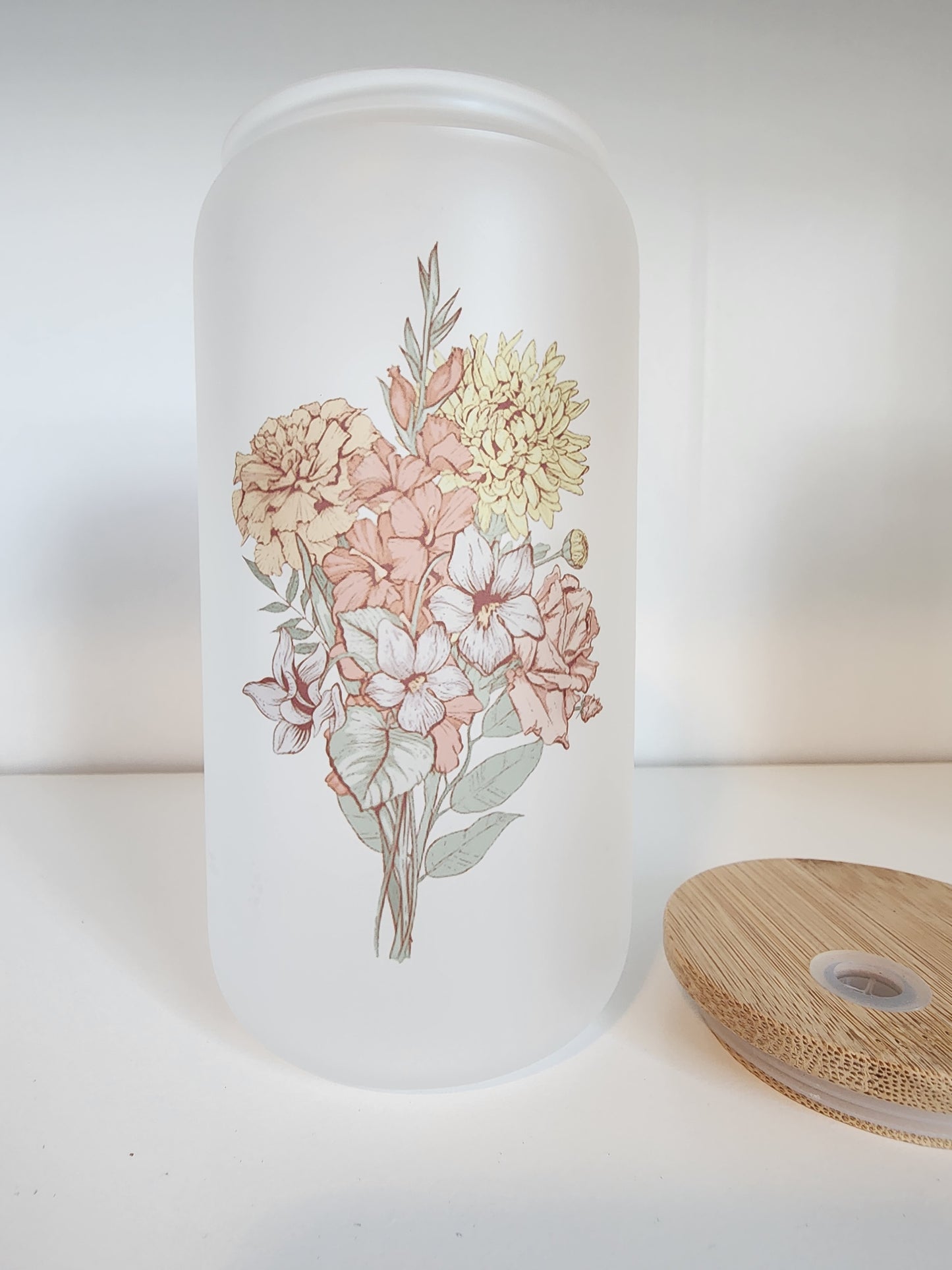 Personalized Birth Month Floral 16oz Frosted Glass | Iced Coffee Glass | Glass with Lid and Straw | Custom Bouquet | Mother Christmas Gift