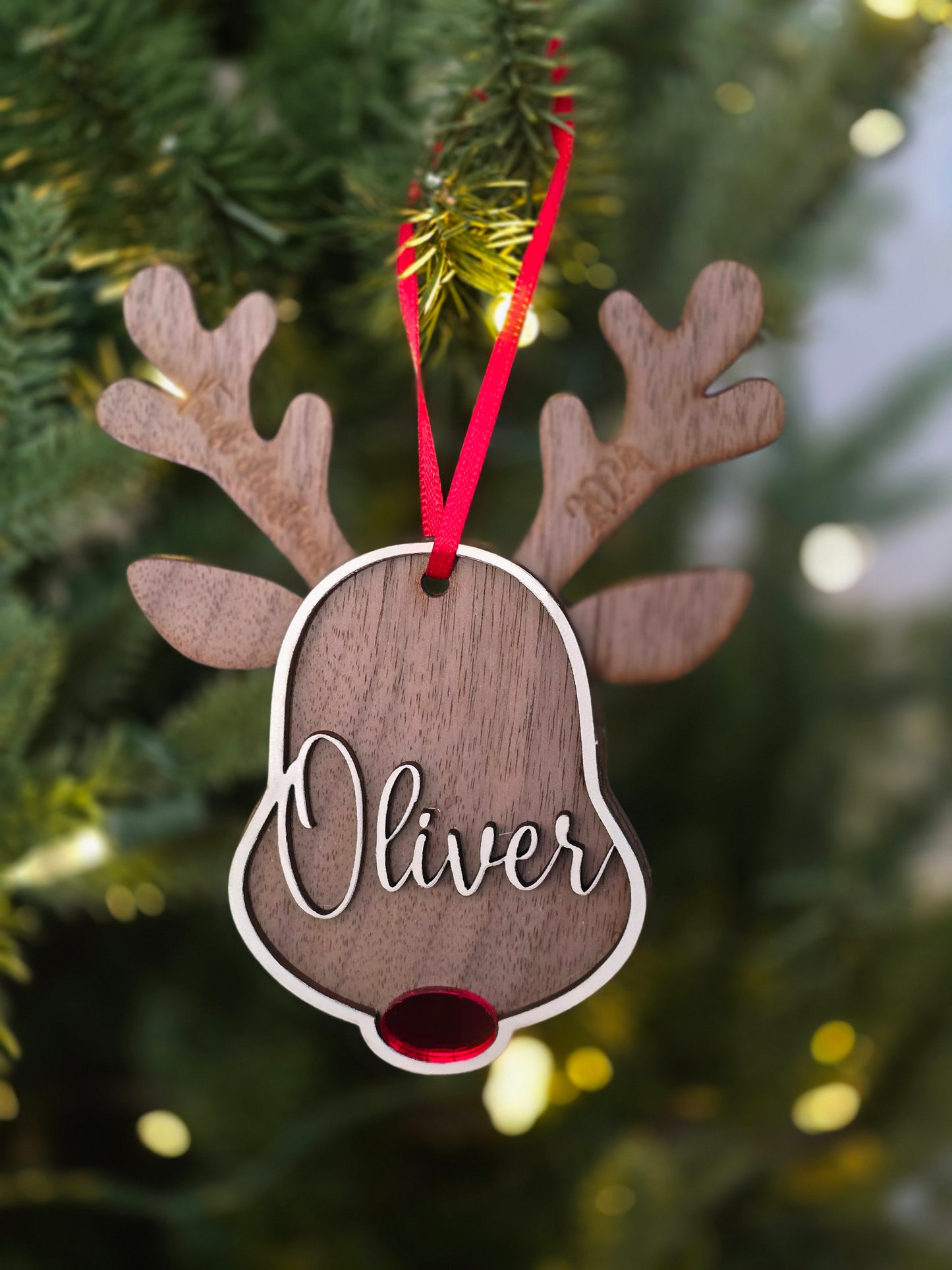 Personalized Engraved Wooden Reindeer Ornament | Customizable Family Ornament Gift Idea | Baby's First Christmas or Annual Yearly Ornament