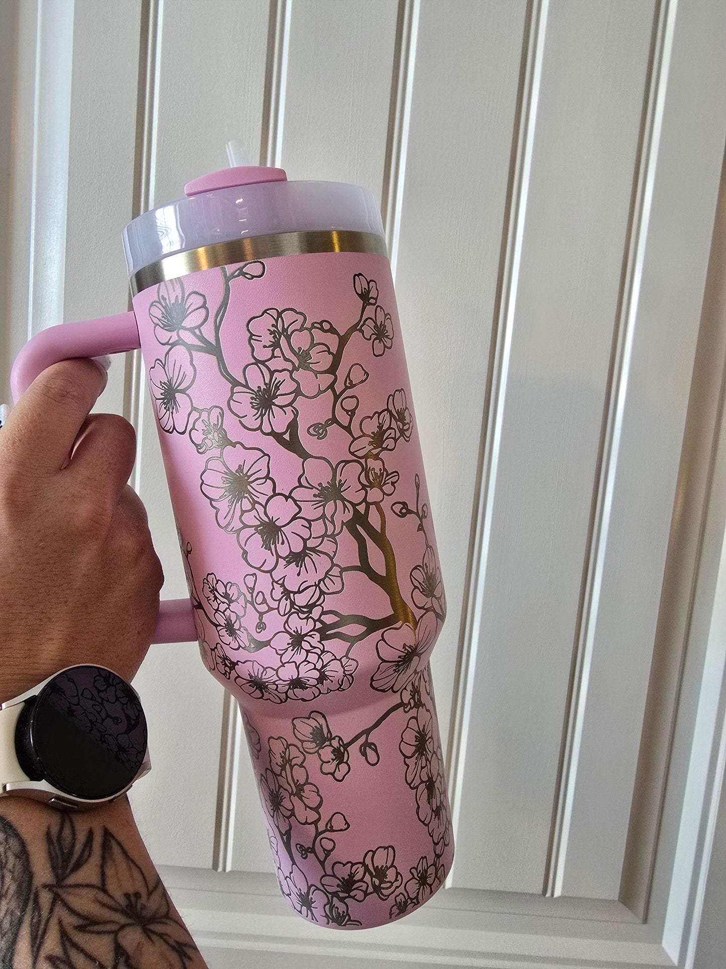 Cherry Blossom Floral 40oz or 30oz Stanley Tumbler | Cute Pink Cherry Blossom Tumbler with Engraved Cherry Blossom blooms | Gift Ideas