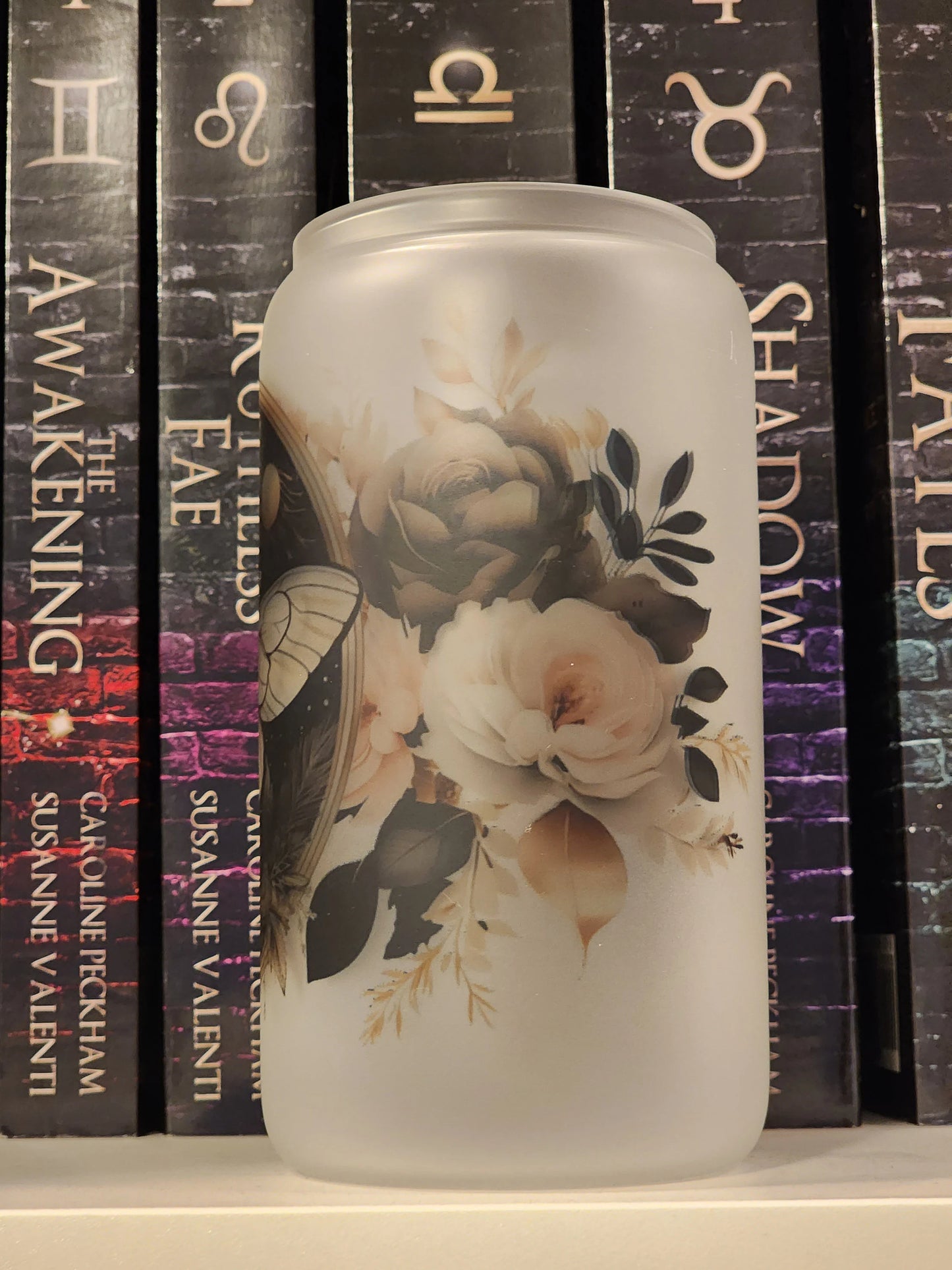 Celestial Moth with Flowers Frosted 16oz Glass with Lid and Straw | Iced Coffee Glass | Cute Floral and Moth Glass | Coffee Lover Gifts