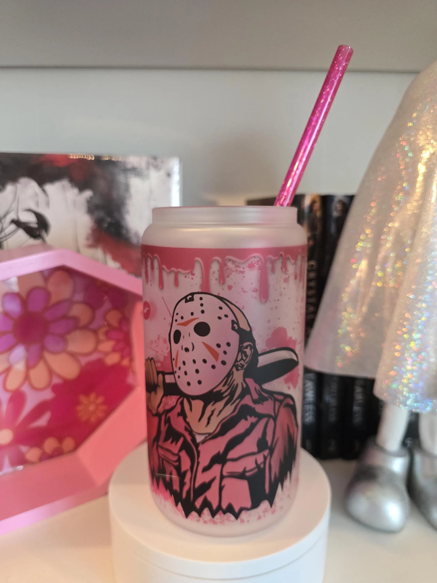 B*tches Be Trippin' | 16oz Beer Can Glass | Cold Cup | Iced Coffee | Horror Scary Themed | Glass with Bamboo Lid and Pink Glitter Straw