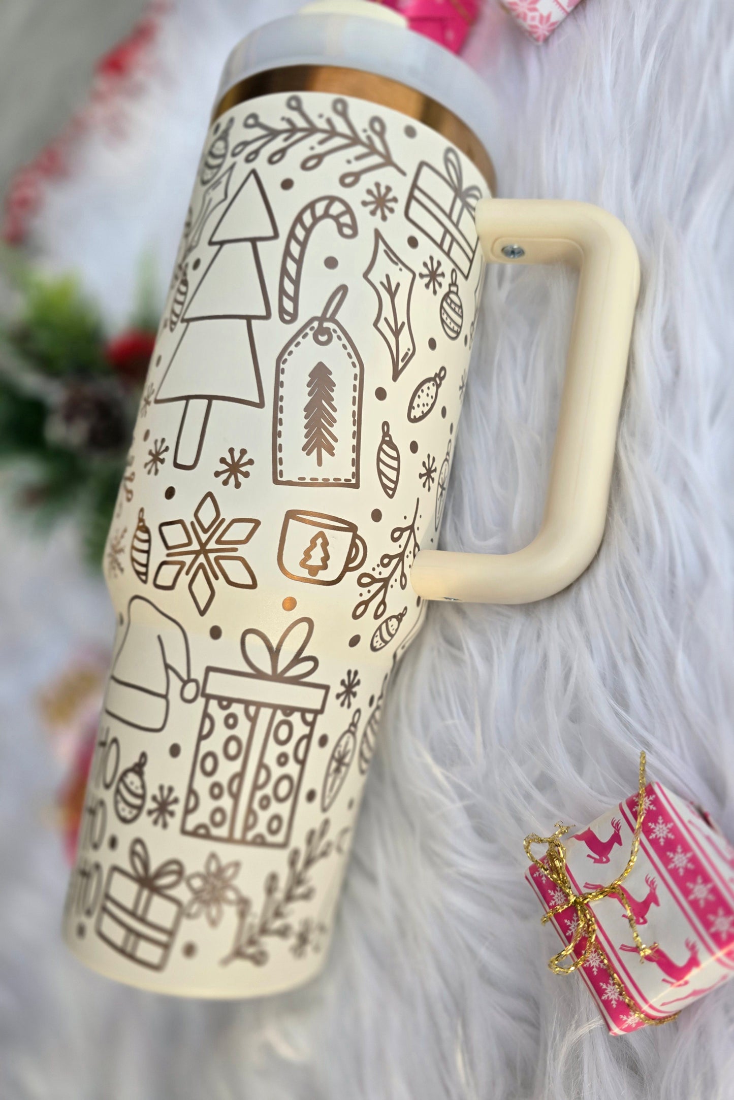 Engraved Holiday Medley Mouse 40oz Tumbler | Winter and Christmas Tumbler | Cream & Copper Tumbler | Gift Ideas | Holiday Gifts for Her