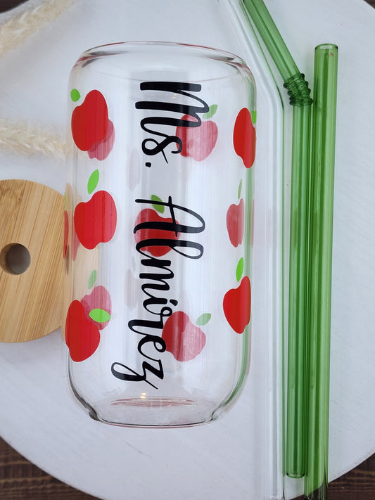 Personalized Teacher Appreciation Gift | 20oz or 16oz Libbey Can Glass | Cold Cup | Iced Coffee | Glass with Bamboo Lid and Straw | Educator