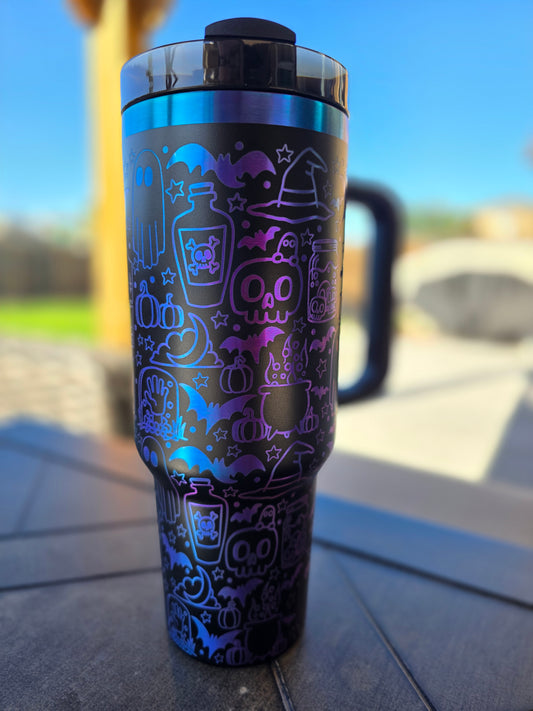 Engraved Halloween Medley Colorful 40oz Non-branded Tumbler | Halloween Themed | Black with Chroma color underneath 40oz Tumbler | Kids Cups