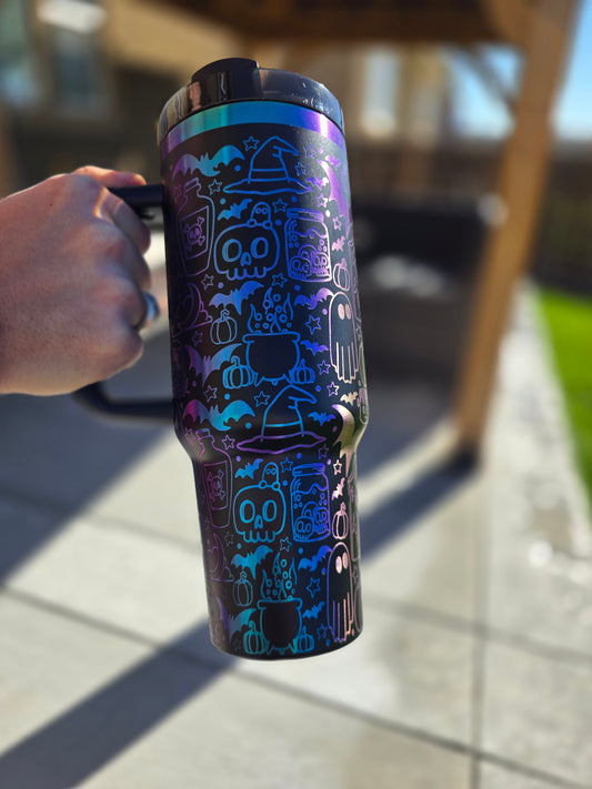 Engraved Halloween Medley Colorful 40oz Non-branded Tumbler | Halloween Themed | Black with Chroma color underneath 40oz Tumbler | Kids Cups