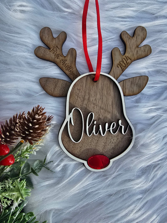 Personalized Engraved Wooden Reindeer Ornament | Customizable Family Ornament Gift Idea | Baby's First Christmas or Annual Yearly Ornament
