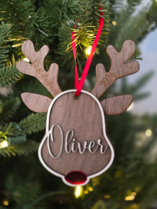 Personalized Engraved Wooden Reindeer Ornament | Customizable Family Ornament Gift Idea | Baby's First Christmas or Annual Yearly Ornament