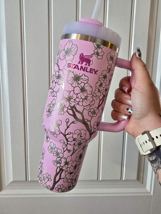 Cherry Blossom Floral 40oz or 30oz Stanley Tumbler | Cute Pink Cherry Blossom Tumbler with Engraved Cherry Blossom blooms | Gift Ideas