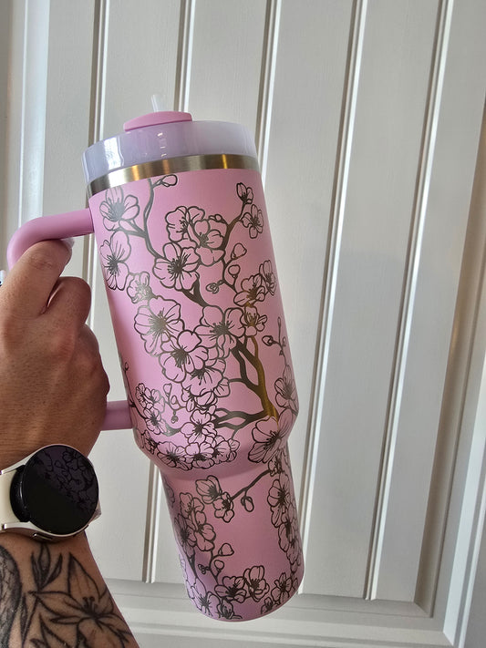 Cherry Blossom Floral 40oz or 30oz Stanley Tumbler | Cute Pink Cherry Blossom Tumbler with Engraved Cherry Blossom blooms | Gift Ideas