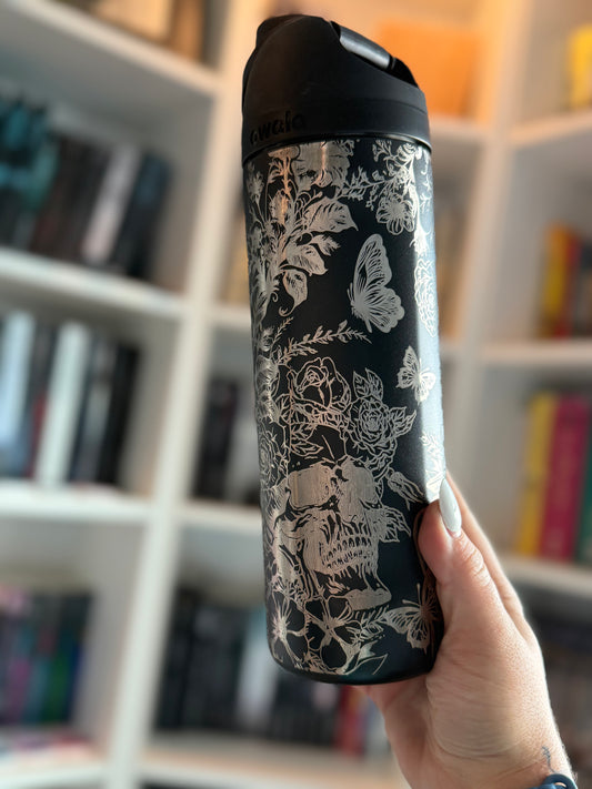 Skull and Floral Engraved 24oz Black Owala | edgy detailed engraving perfect gift idea for birthdays and holidays
