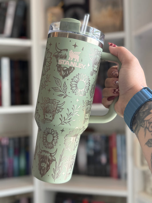 Engraved Highland Cow + Sunflowers 40/30oz Stanley Tumbler | Southern Stanley | 40oz or 30oz Lichen Tumbler and option to Personalize