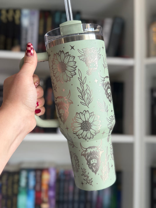 Engraved Highland Cow + Sunflowers 40/30oz Stanley Tumbler | Southern Stanley | 40oz or 30oz Lichen Tumbler and option to Personalize