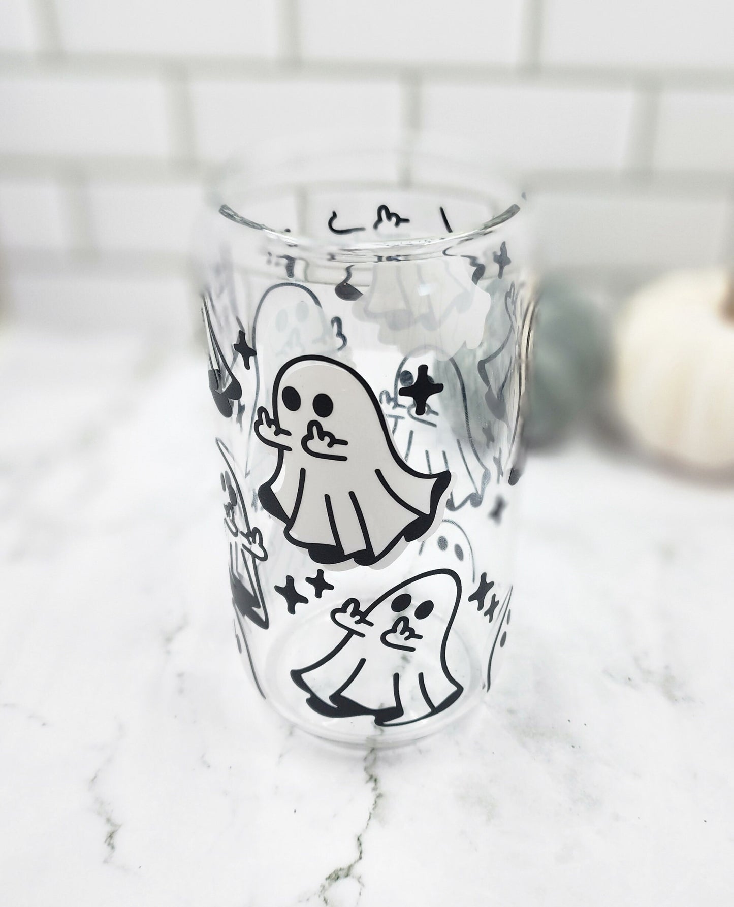 Middle Finger Ghost | Customizable | Halloween Glass | 16oz Glass with lid and straw | Glow In The Dark & Holographic | 16oz Libbey Glass