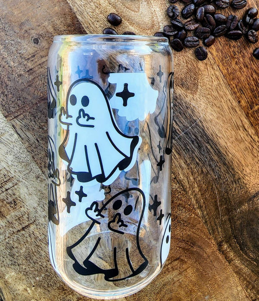 Middle Finger Ghost | Customizable | Halloween Glass | 16oz Glass with lid and straw | Glow In The Dark & Holographic | 16oz Libbey Glass