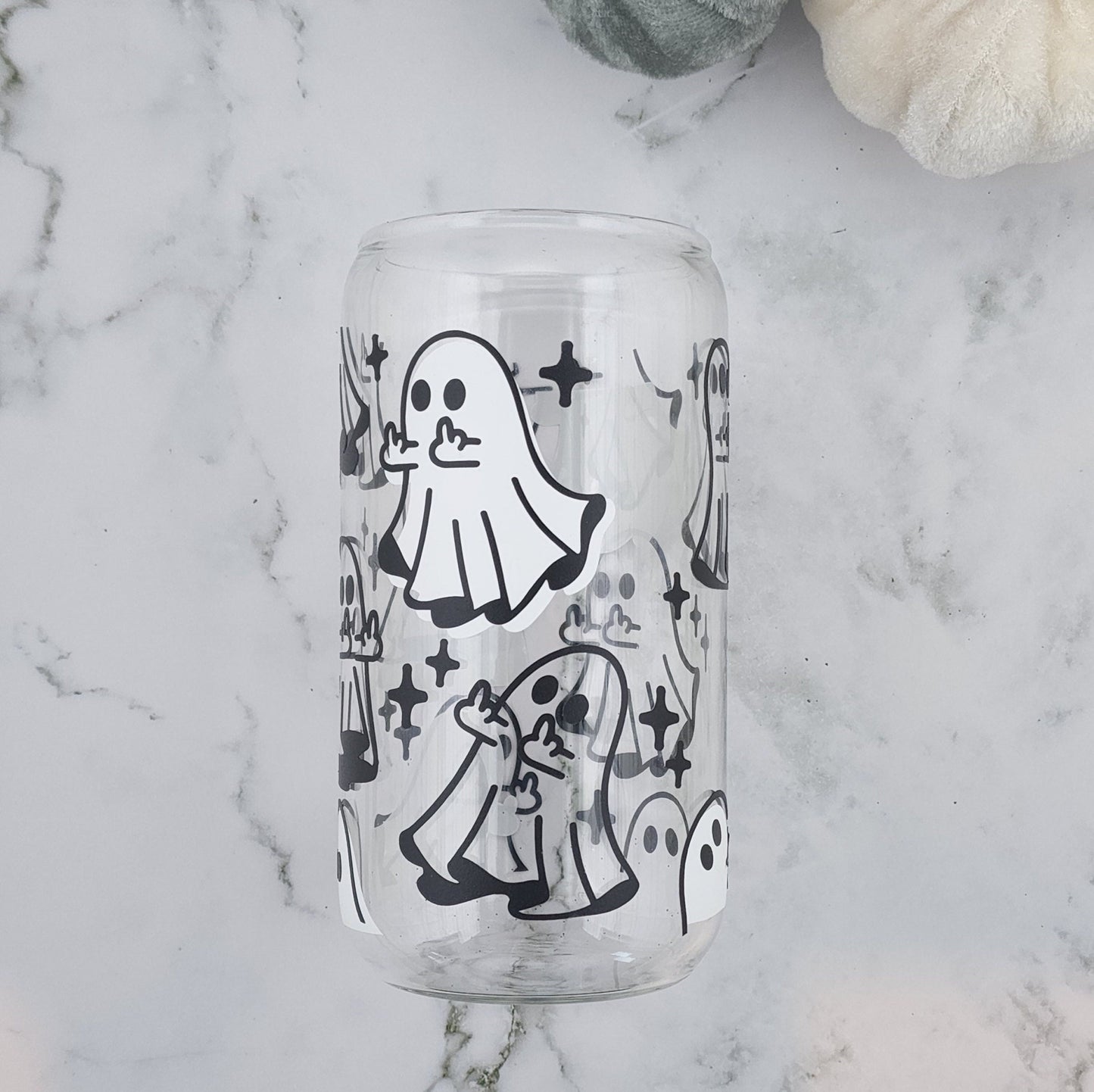 Middle Finger Ghost | Customizable | Halloween Glass | 16oz Glass with lid and straw | Glow In The Dark & Holographic | 16oz Libbey Glass