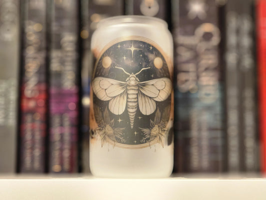 Celestial Moth with Flowers Frosted 16oz Glass with Lid and Straw | Iced Coffee Glass | Cute Floral and Moth Glass | Coffee Lover Gifts
