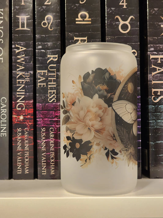 Celestial Moth with Flowers Frosted 16oz Glass with Lid and Straw | Iced Coffee Glass | Cute Floral and Moth Glass | Coffee Lover Gifts