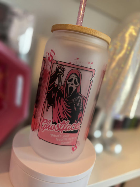 Scary Movies Horror | 16oz Beer Can Glass | Cold Cup | Iced Coffee | Halloween Themed | Glass with Bamboo Lid and Pink Glitter Straw