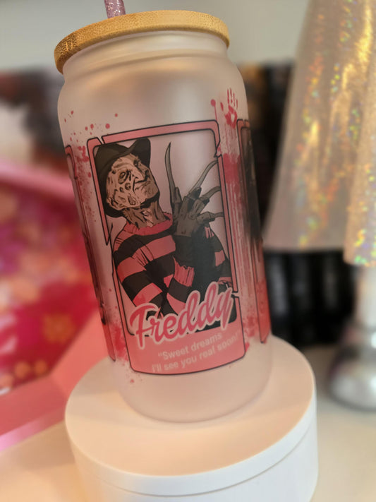 Scary Movies Horror | 16oz Beer Can Glass | Cold Cup | Iced Coffee | Halloween Themed | Glass with Bamboo Lid and Pink Glitter Straw
