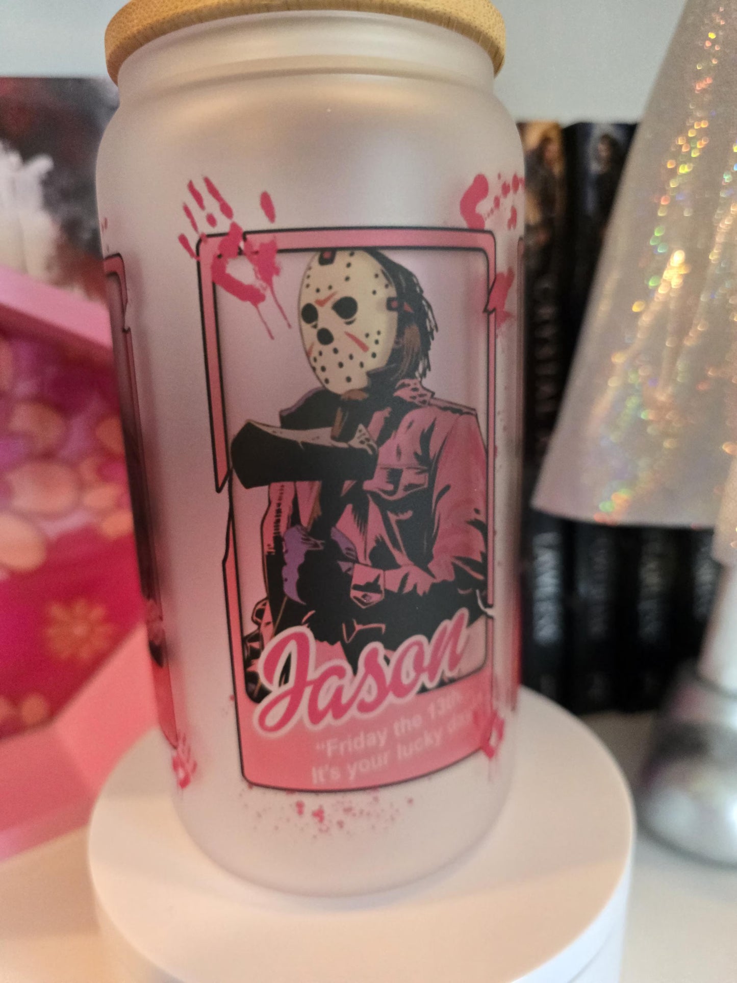 Scary Movies Horror | 16oz Beer Can Glass | Cold Cup | Iced Coffee | Halloween Themed | Glass with Bamboo Lid and Pink Glitter Straw