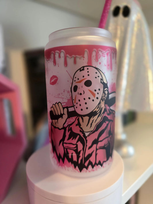 B*tches Be Trippin' | 16oz Beer Can Glass | Cold Cup | Iced Coffee | Horror Scary Themed | Glass with Bamboo Lid and Pink Glitter Straw