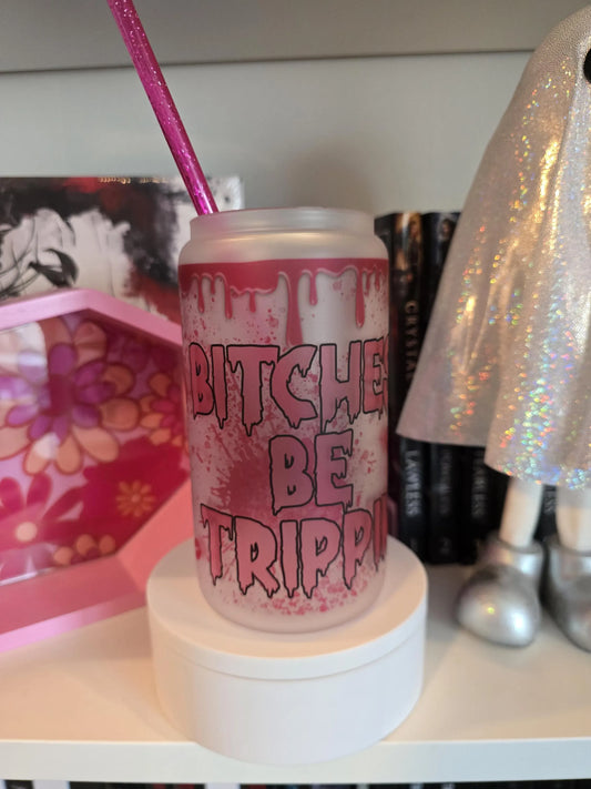 B*tches Be Trippin' | 16oz Beer Can Glass | Cold Cup | Iced Coffee | Horror Scary Themed | Glass with Bamboo Lid and Pink Glitter Straw