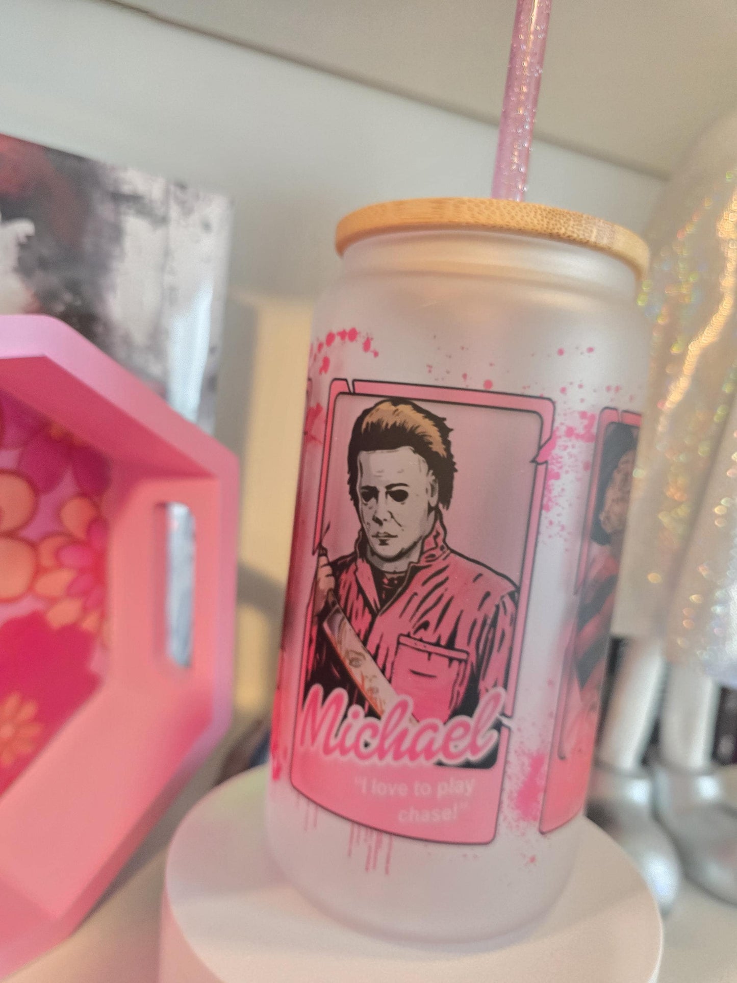 Scary Movies Horror | 16oz Beer Can Glass | Cold Cup | Iced Coffee | Halloween Themed | Glass with Bamboo Lid and Pink Glitter Straw