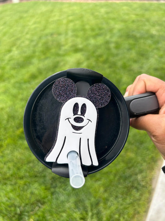 Mouse themed Ghost Halloween 40oz/30oz Stanley Topper | Tab and Whole Top Tumbler Accessory | Only for 2.0 Stanley's | Black Glitter topper