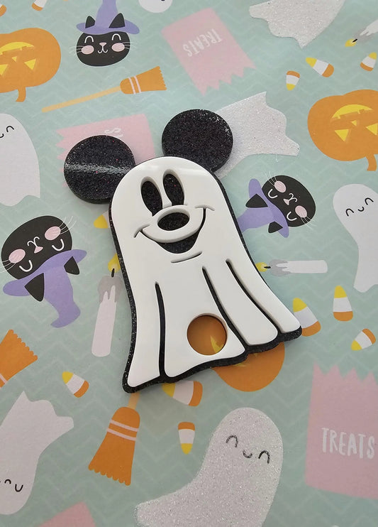 Mouse themed Ghost Halloween 40oz/30oz Stanley Topper | Tab and Whole Top Tumbler Accessory | Only for 2.0 Stanley's | Black Glitter topper