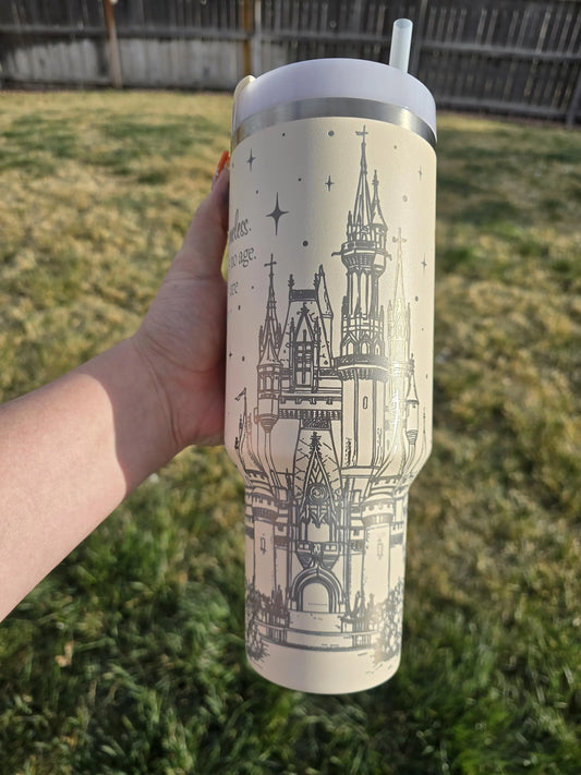 Engraved Cream Fairytale Castle 40oz or 30oz Stanley Tumbler | Magical Stanley Design | Cream 40oz or 30oz Tumbler | Birthday Gift Ideas