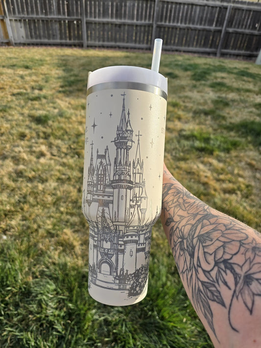 Engraved Cream Fairytale Castle 40oz or 30oz Stanley Tumbler | Magical Stanley Design | Cream 40oz or 30oz Tumbler | Birthday Gift Ideas