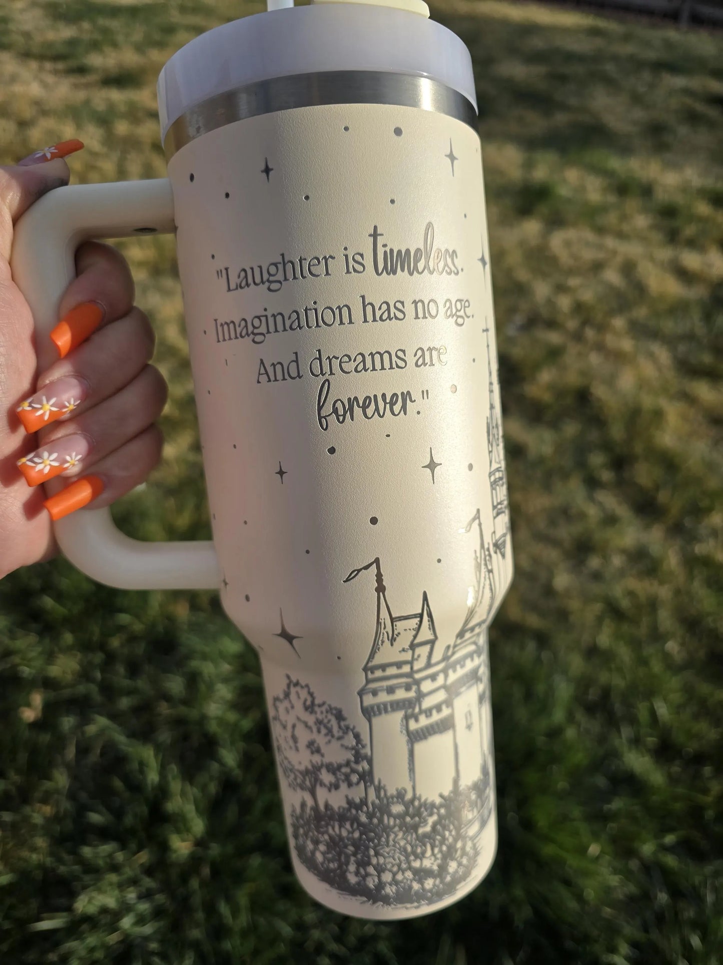 Engraved Cream Fairytale Castle 40oz or 30oz Stanley Tumbler | Magical Stanley Design | Cream 40oz or 30oz Tumbler | Birthday Gift Ideas