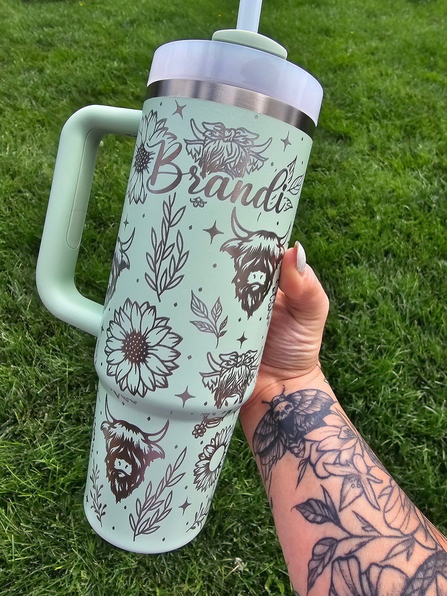 Engraved Highland Cow + Sunflowers 40/30oz Stanley Tumbler | Southern Stanley | 40oz or 30oz Lichen Tumbler and option to Personalize